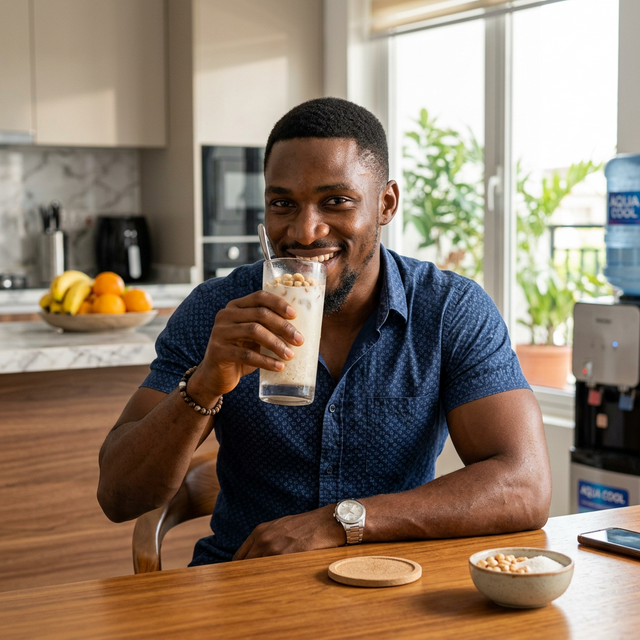 Healthy Nigerian man drinking soaked garri
