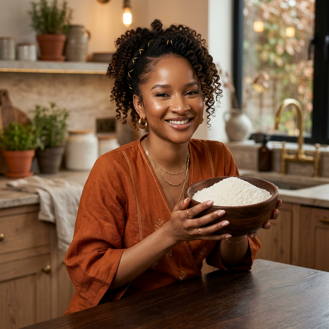 Beautiful Nigerian woman smiling with premium garri